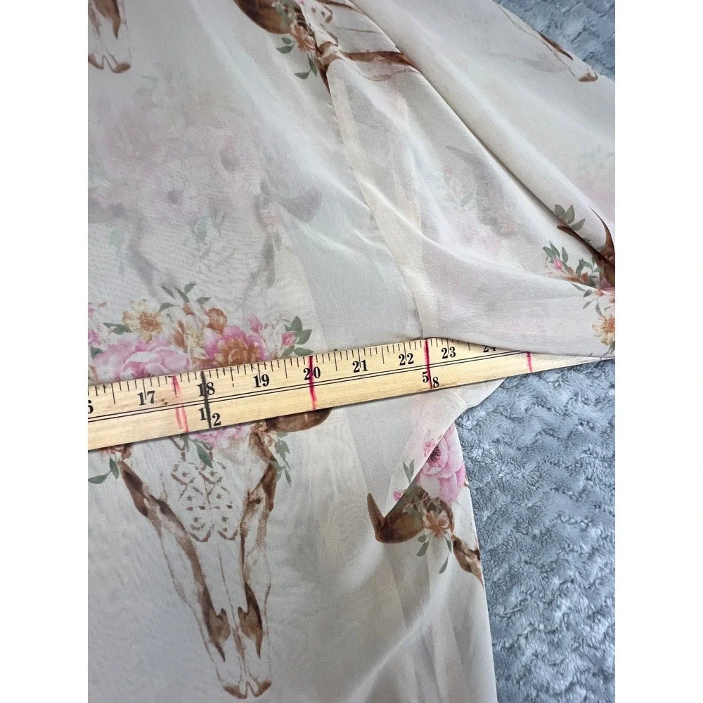 Pink Owl Kimono Duster Cardigan Floral Bull Skull‎ Bohemian Festival Cover Up